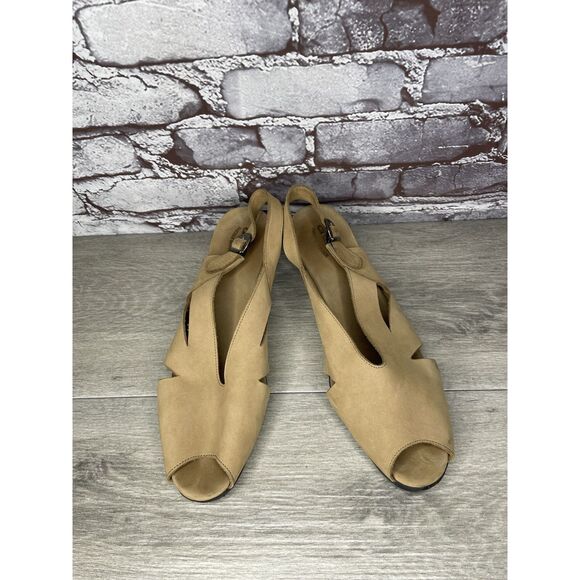 ARCHE Tan Brown Nubuck Leather Peep Toe Slingback Wedge Women’s Sz 42EU/11M US - Picture 2 of 16